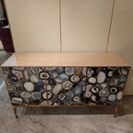 Artistic Agate Stone Pattern Sideboard Cabinet with Natural Wood Veneer and Brass-Tone Base